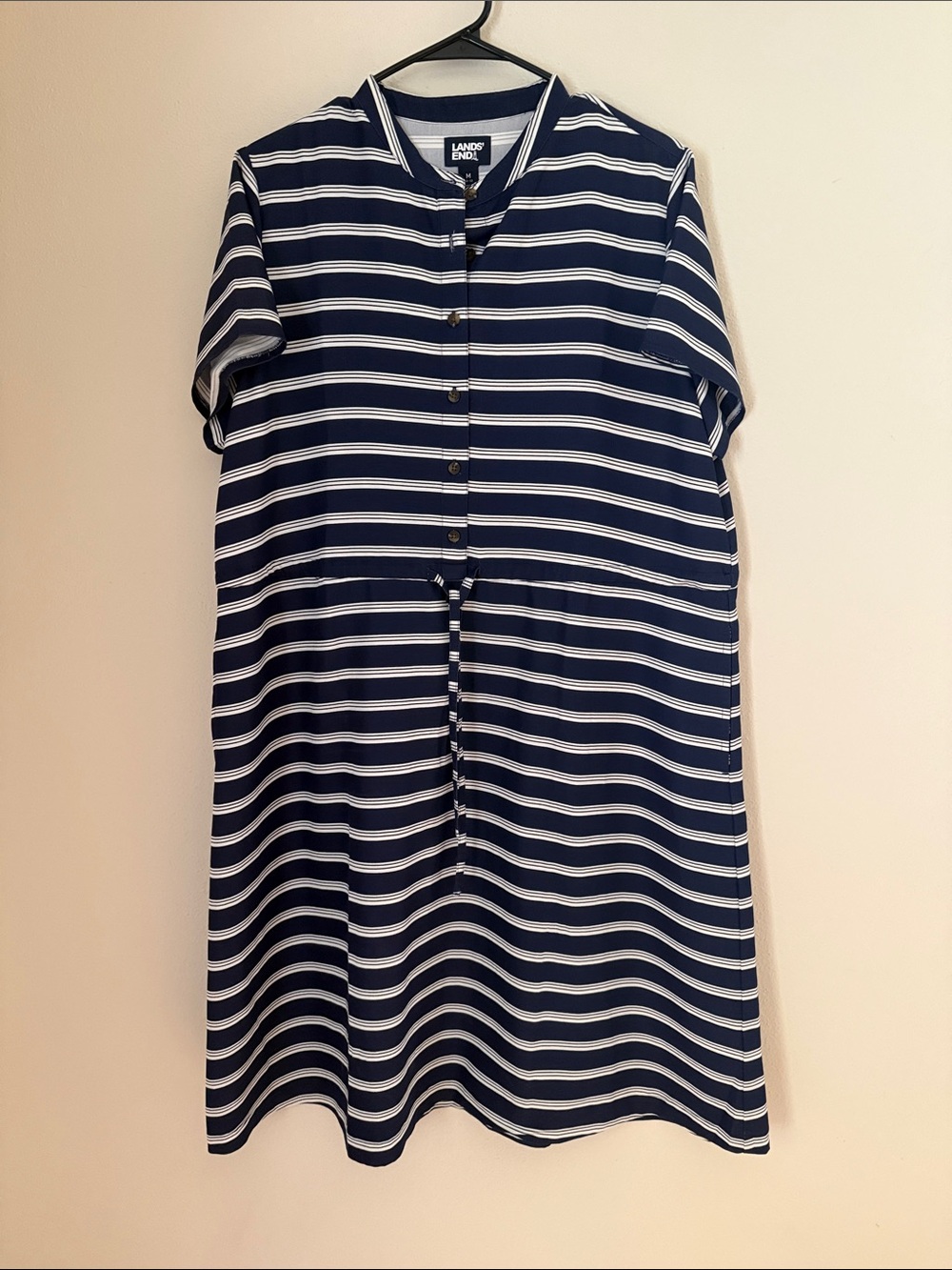 Lands' End Navy & White Striped Button-Front Midi Dress